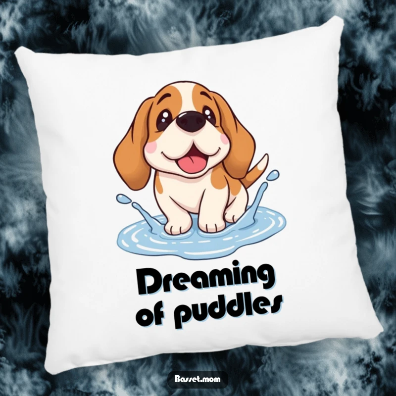 Funny Basset Hound pillow featuring a droopy-eared dog happily splashing in a puddle, offering comfort and a dose of humor.