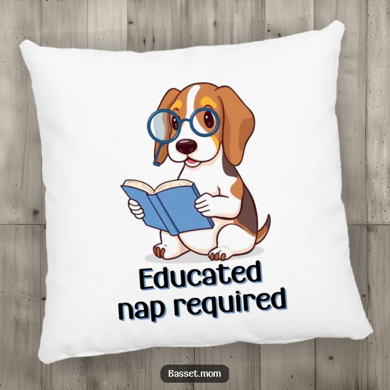 Funny Basset Hound pillow featuring a dog with a monocle and book, providing humorous and sophisticated comfort for lounging.