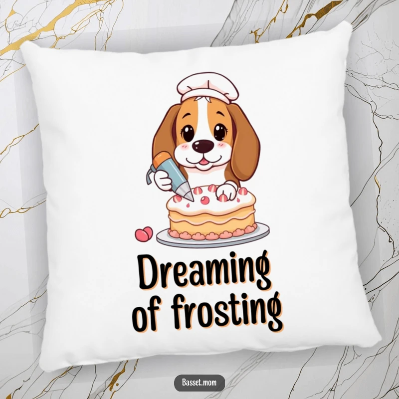 Funny Basset Hound decorating a cake, plush decorative pillow, humorous home accent, pet lover gift.