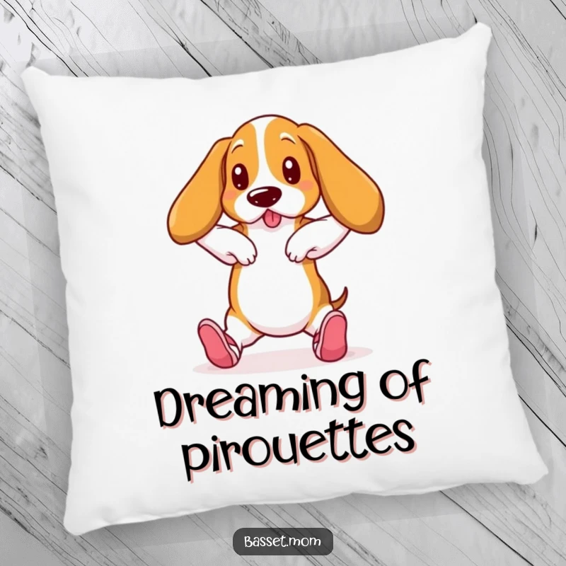 Funny Basset Hound in ballet slippers, practicing dance pose, plush decorative pillow, humorous home accent.