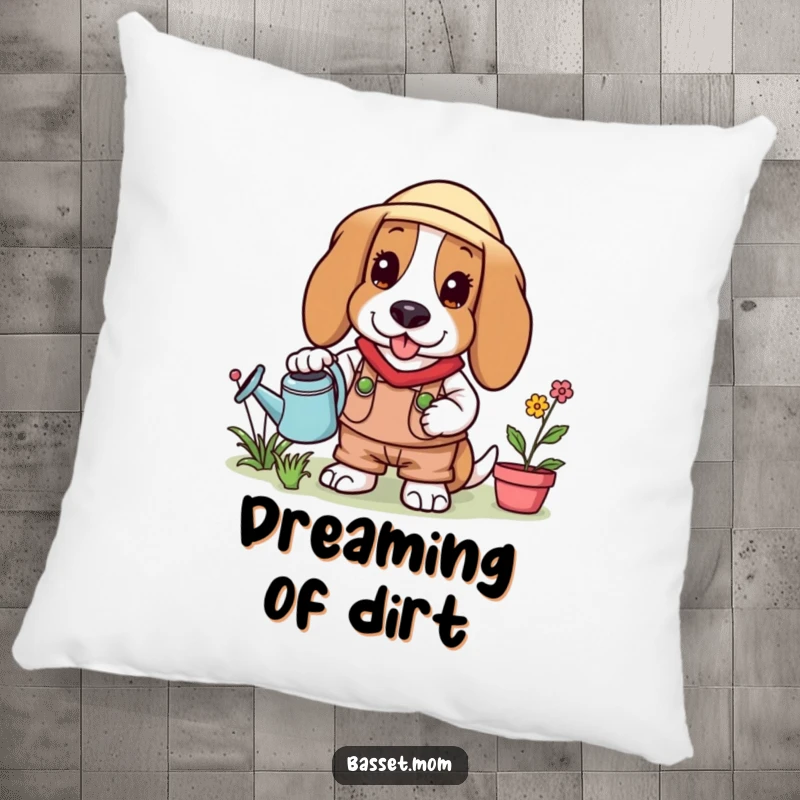 Funny Basset Hound gardener pillow, depicting a dog in gardening clothes with a watering can, for cozy decor.