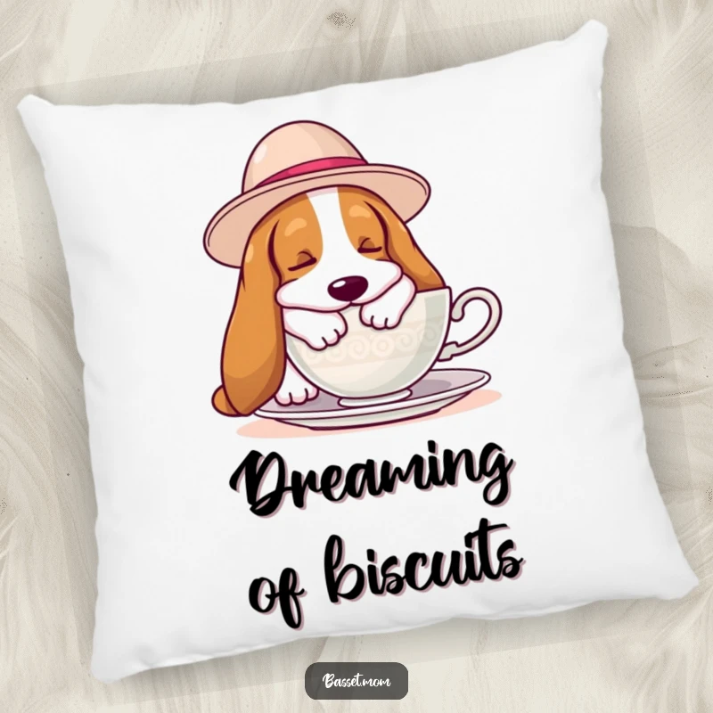 Funny Basset Hound pillow showcasing a hound in a large hat sleeping near a teacup, adding a touch of humor and comfort to any space.
