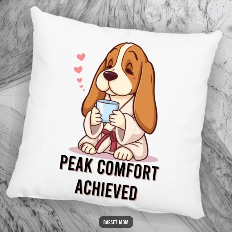 Funny Basset Hound pillow, soft cushion with a dog in a robe sipping tea, adding cozy humor.