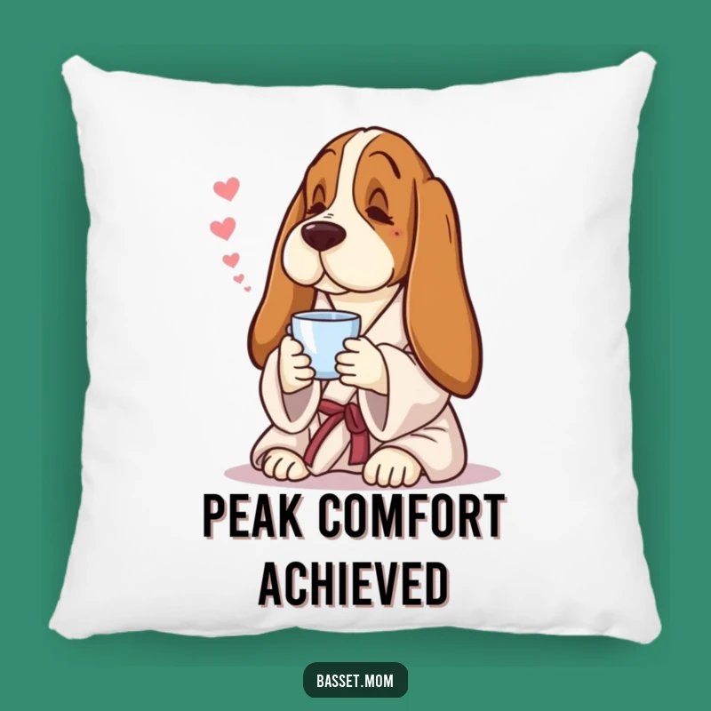 Funny Basset Hound Pillow: Cozy Robe & Tea Accent, Perfect Gift