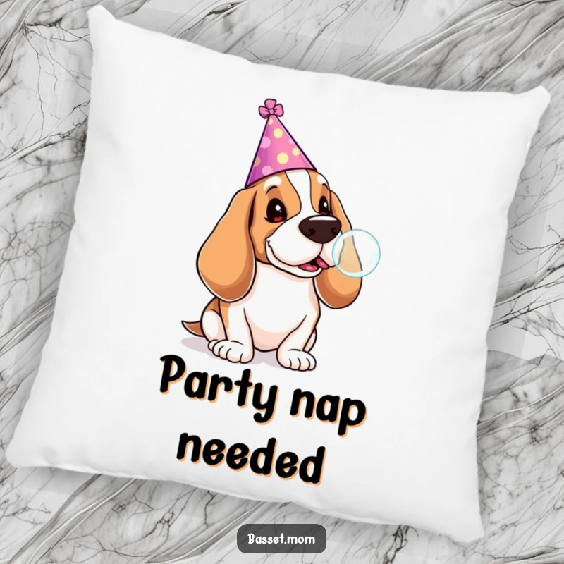 Funny Basset Hound pillow showcasing a dog in a party hat blowing a lollipop bubble, adding festive comfort to any couch.