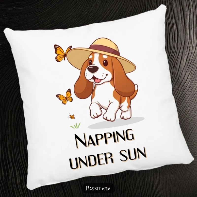 Funny Basset Hound pillow featuring a dog in a sun hat playfully chasing a butterfly, offering comfort and whimsical charm.