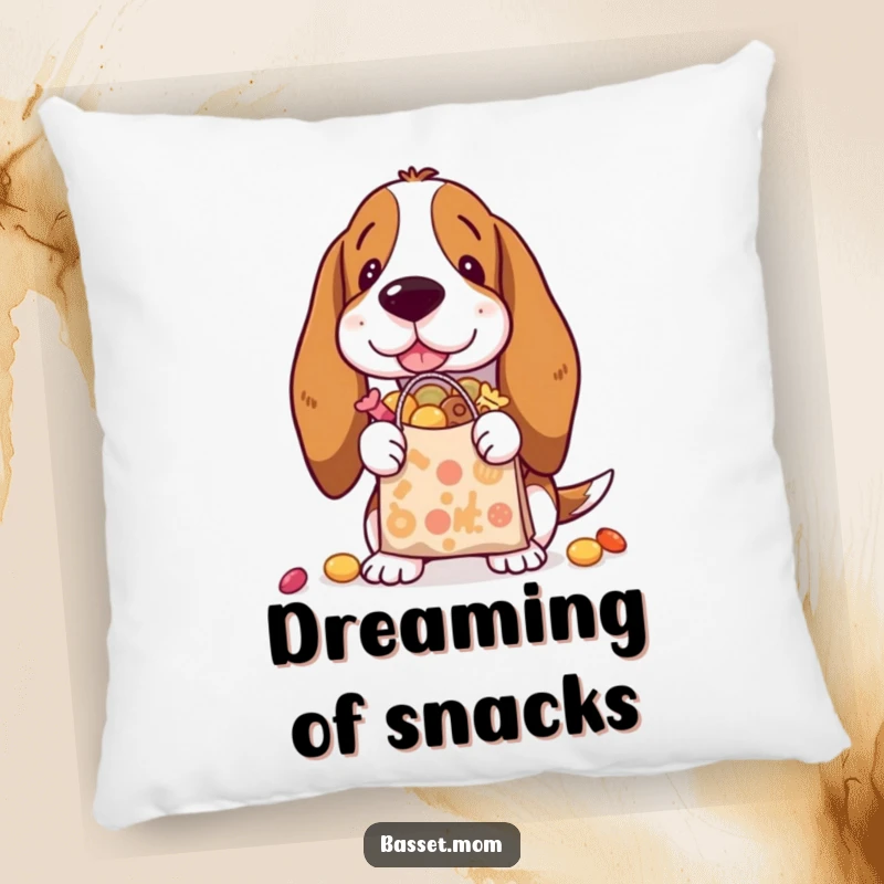 Funny Basset Hound treat pillow depicting a dog with a shopping bag overflowing with treats, perfect for cozy decor.