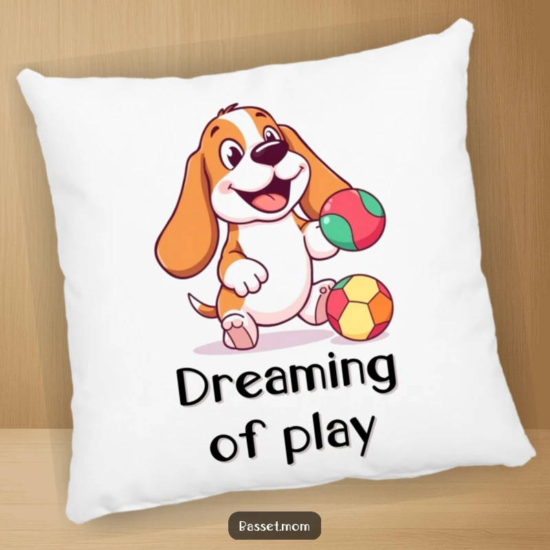 Funny Basset Hound pillow, cheerful expression, bouncing a colorful ball, a soft accent of pure canine joy and playfulness.