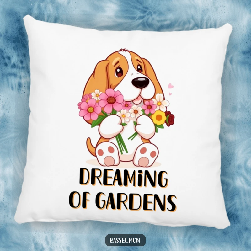 Funny Basset Hound with big paws holding a bouquet of flowers, offering plush comfort and heartwarming humor on this pillow.