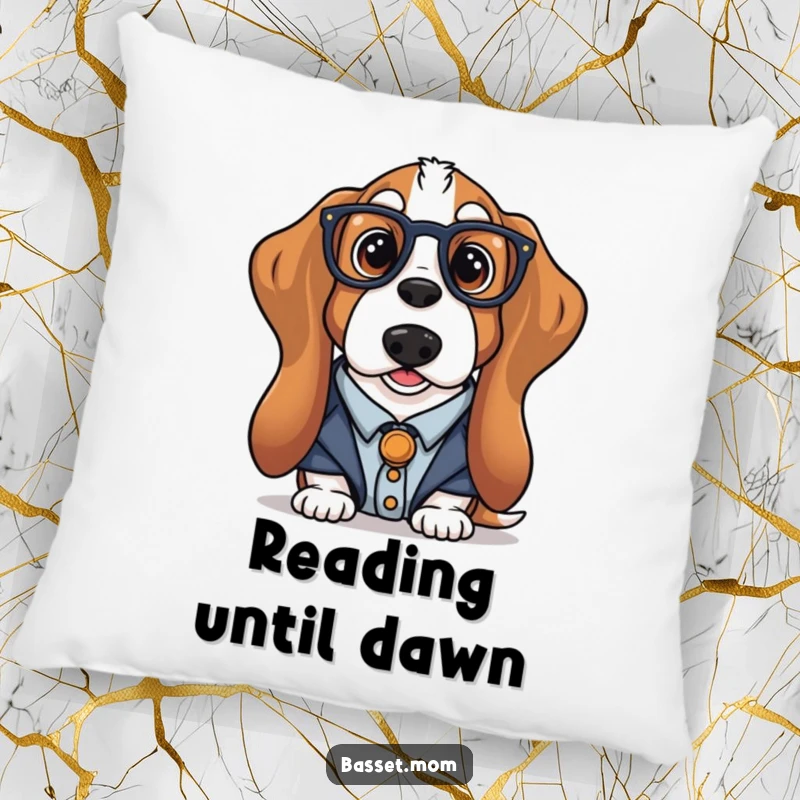 Funny librarian Basset Hound pillow featuring a dog dressed as a librarian with glasses, perfect for cozy reading, a humorous and comfortable gift.