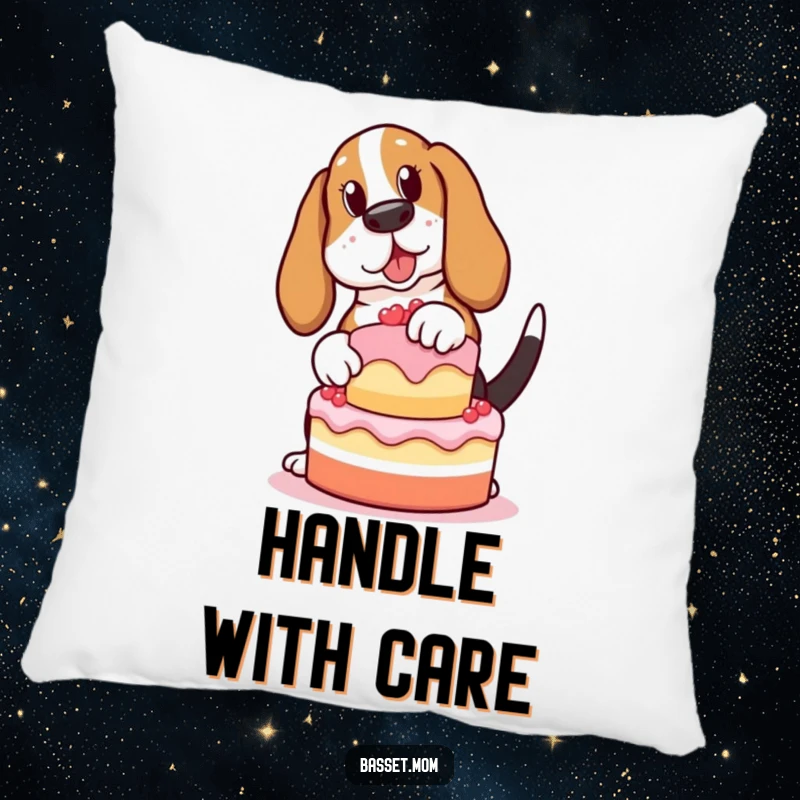 Funny Basset Hound pillow, a cute dog balancing a cake, soft and comfortable for humorous home decoration, a great gift.