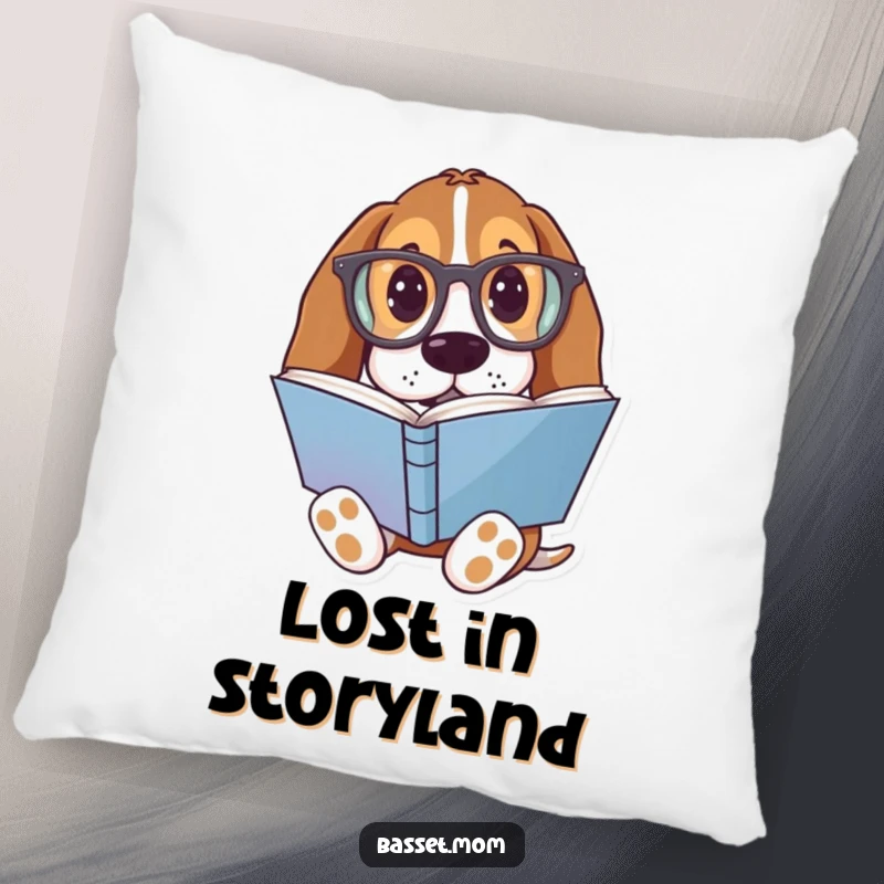 Funny Basset Hound Pillow: A dog with oversized glasses reading a colorful book, for cozy readers.