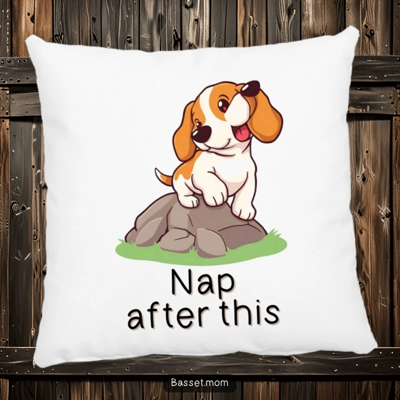 Funny Basset Hound pillow, a dog with a determined look climbing a hill, a comfortable and inspiring decorative item.