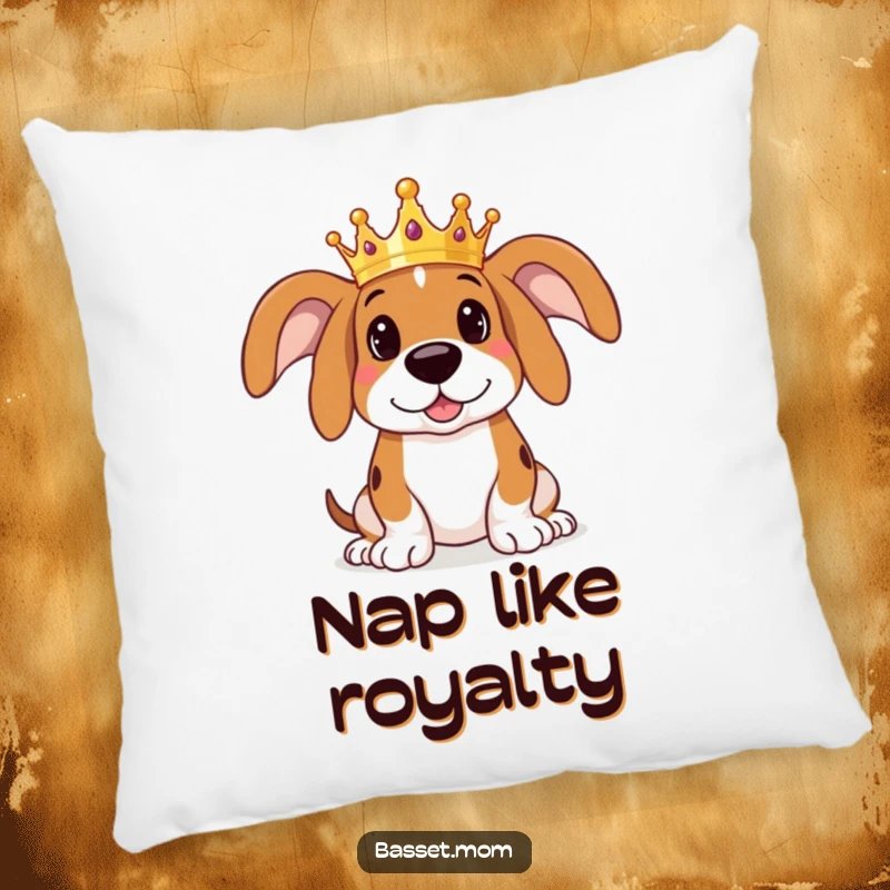 Funny Basset Hound pillow featuring a dog wearing a tiny crown, looking regal yet adorable, adding a touch of playful luxury to any room.