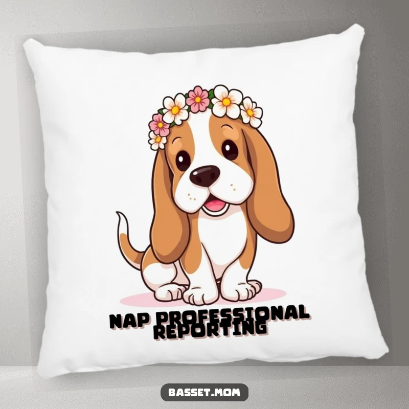 Funny Basset Hound pillow, droopy ears wearing a flower crown, tail wagging with happy energy, a soft accent of canine humor.
