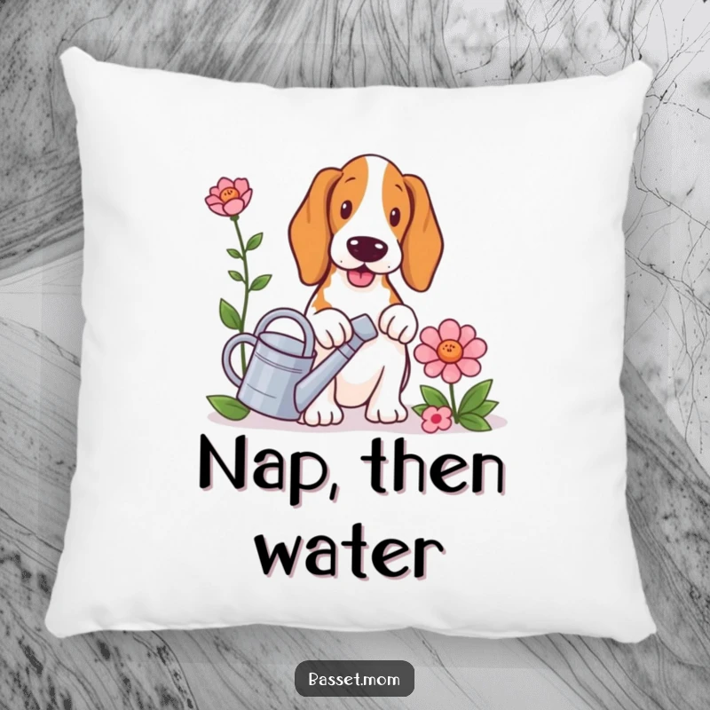 Funny Basset Hound pillow, a dog holding a small watering can, tending to a large flower, soft and huggable.