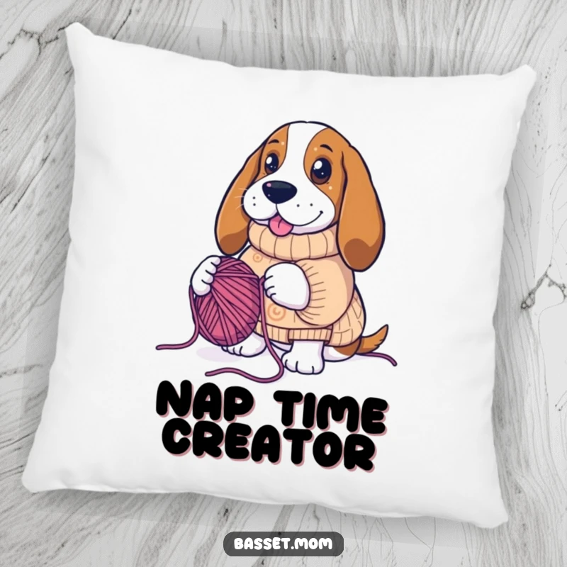 Funny Basset Hound knitting surrounded by yarn, plush decorative pillow, humorous home accent, pet lover gift.