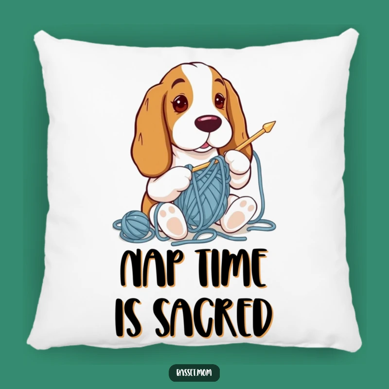 Funny Basset Hound Knitting Pillow: Hilarious Yarn Mess Cushion, Cozy Comfort, Perfect Gift!