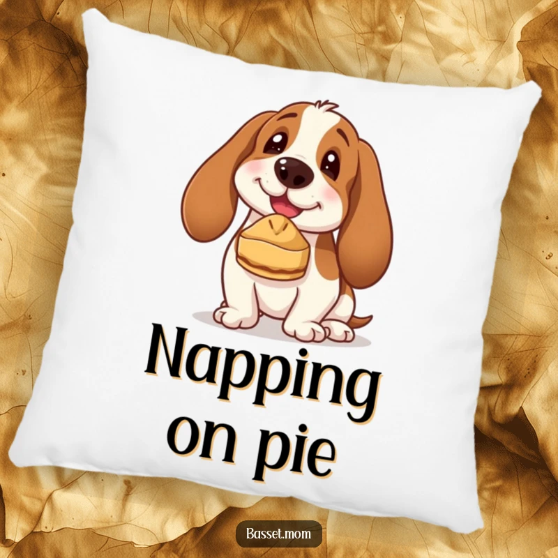 Funny Basset Hound pillow showing a droopy-eared dog with a sweet expression, balancing a miniature pie on its nose, adding charm to any space.