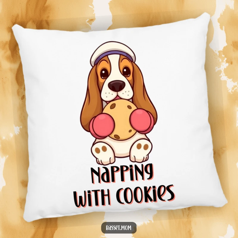 Funny Basset Hound with oven mitts, holding cookie, plush decorative pillow, humorous home accent.