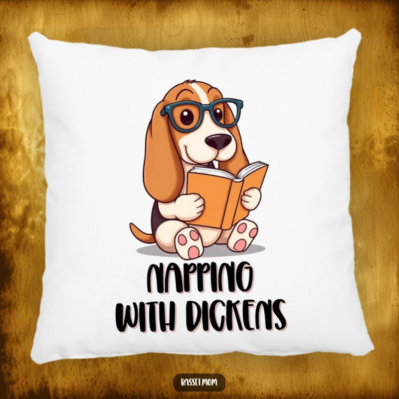 Funny Basset Hound pillow, a dog wearing glasses reading a book, soft and comfortable for a literary-themed cozy space.