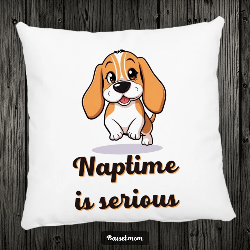 Funny Basset Hound Pillow: A mischievous dog tiptoeing with a wink, perfect for cozying up.