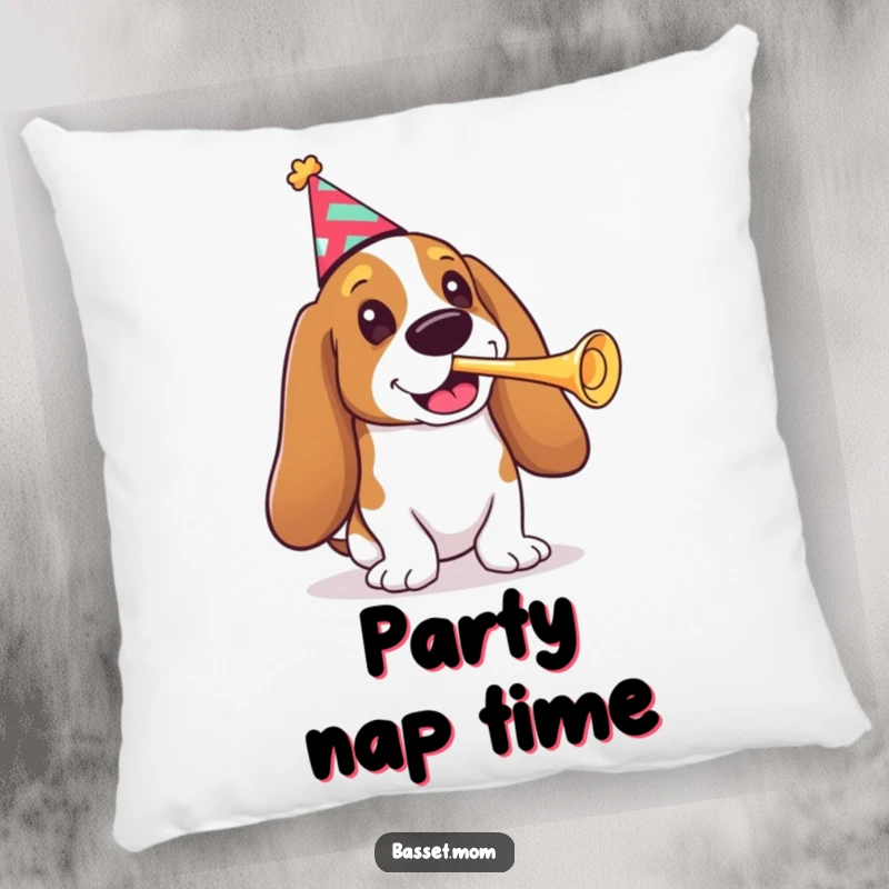 Funny Basset Hound pillow, a dog in a party hat blowing a small trumpet, soft and perfect for festive decor.