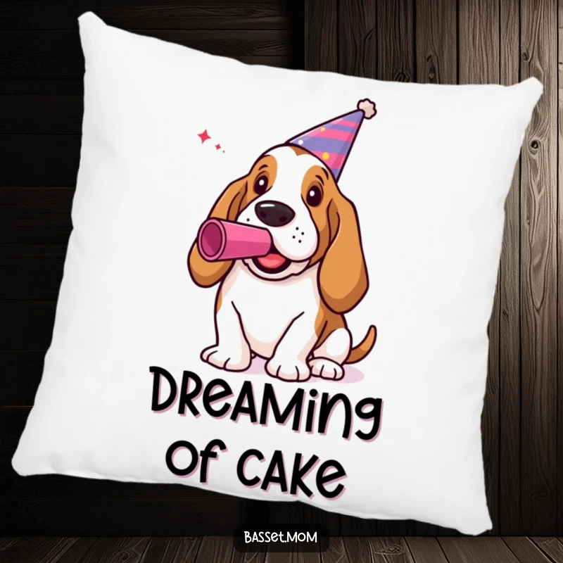 Funny Basset Hound Pillow: A dog in a party hat blowing a noisemaker, perfect for cozy celebrations.
