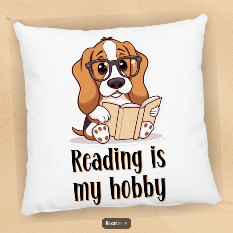 Funny Basset Hound pillow showcasing a dog wearing reading glasses and reading a book, ideal for comfortable and humorous relaxation.