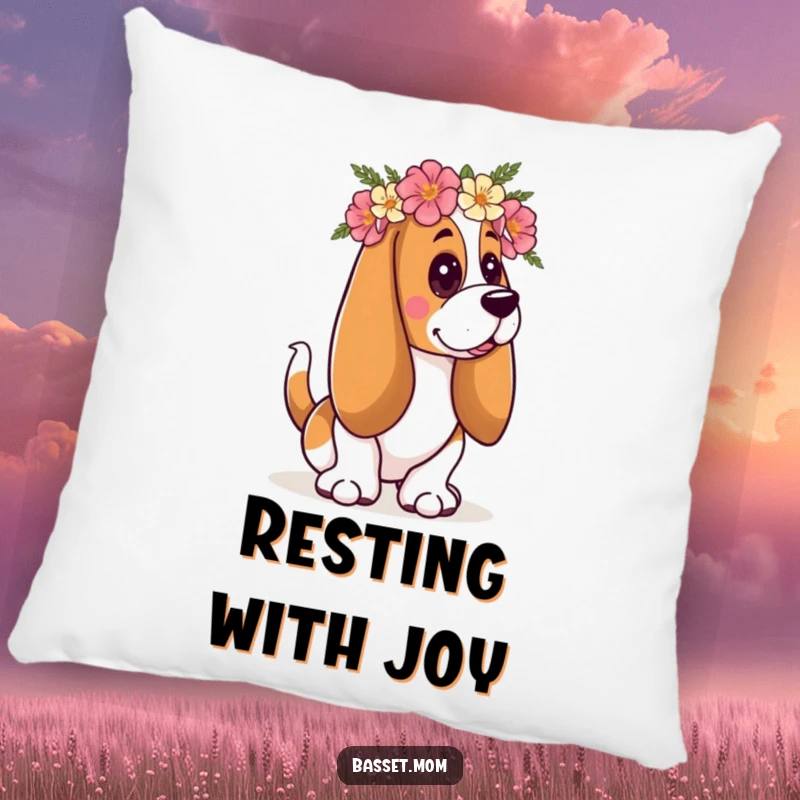 Funny Basset Hound pillow featuring a dog with a floral crown, wagging its tail, providing comfortable and humorous decor.