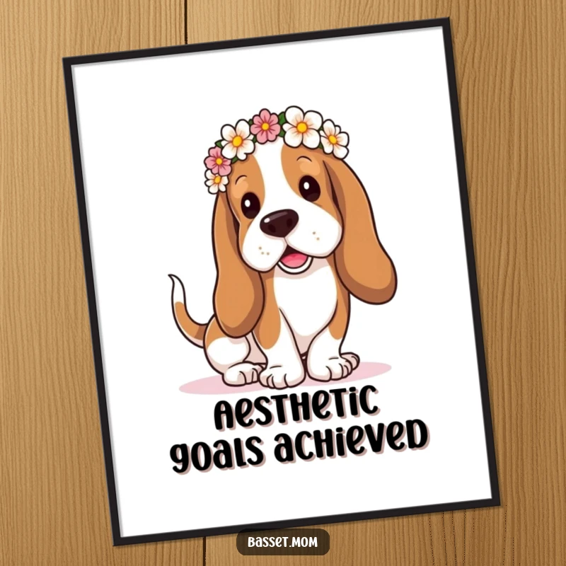 Funny Basset Hound digital art print, droopy ears in a flower crown, tail wagging joyfully, a downloadable piece of canine humor.