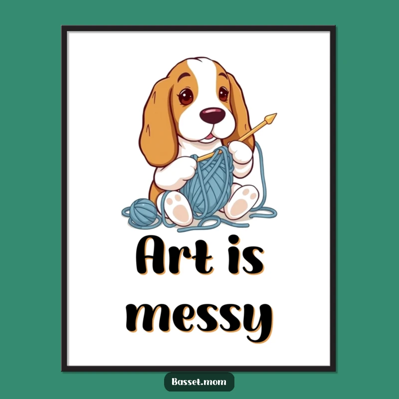 Funny Basset Hound Knitting Digital Art: Hilarious Yarn Chaos Download, Instant Decor, Perfect Gift!