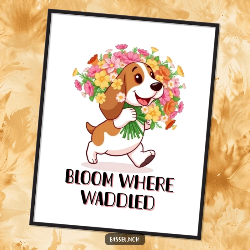 Funny Basset Hound digital art print, a dog happily carrying a large bouquet of flowers, for instant decor.