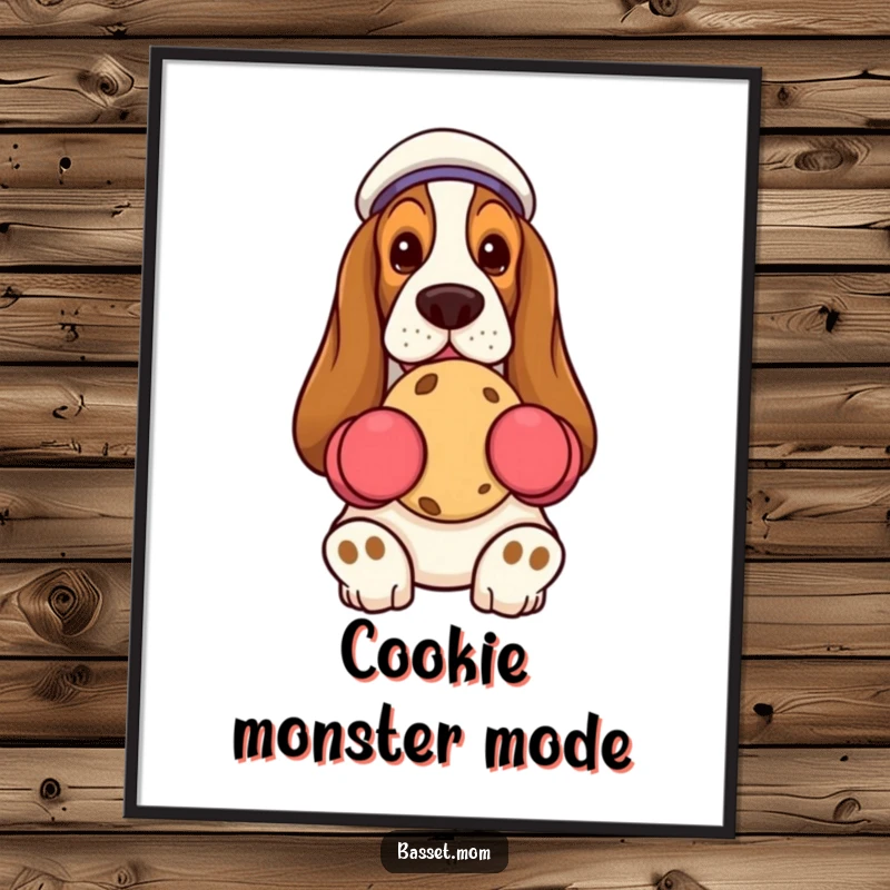 Funny Basset Hound holding cookie, oven mitts, printable digital art, humorous dog artwork.