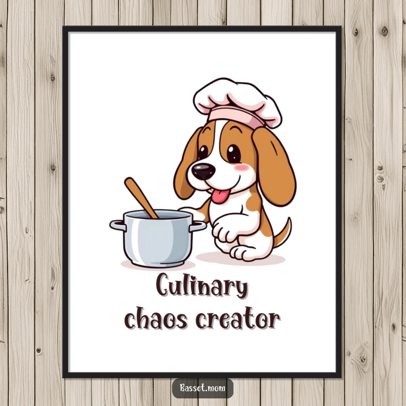 Funny Basset Hound digital art print of a dog in a chef hat, enthusiastically stirring a pot, offering culinary charm.