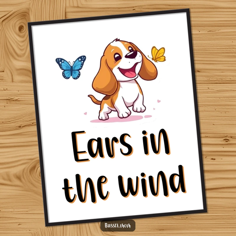 Funny Basset Hound Digital Art Print: A droopy-eared dog joyfully chasing a butterfly, vibrant and humorous, an instant funny gift.