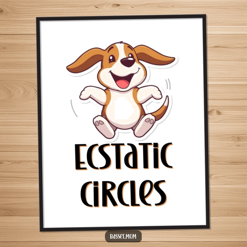 Funny Basset Hound digital art print, a dog spinning joyfully with flapping ears, happy wall decor, instantly downloadable gift.