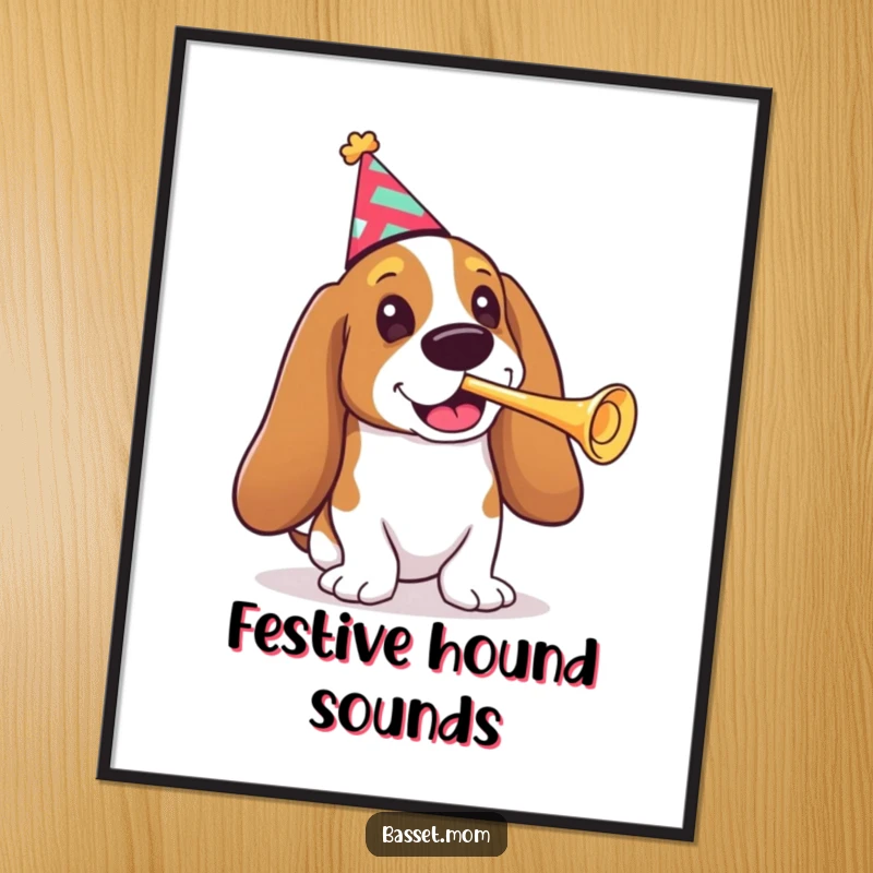 Funny Basset Hound digital art print, a dog in a party hat playing a tiny trumpet, vibrant and festive artwork.