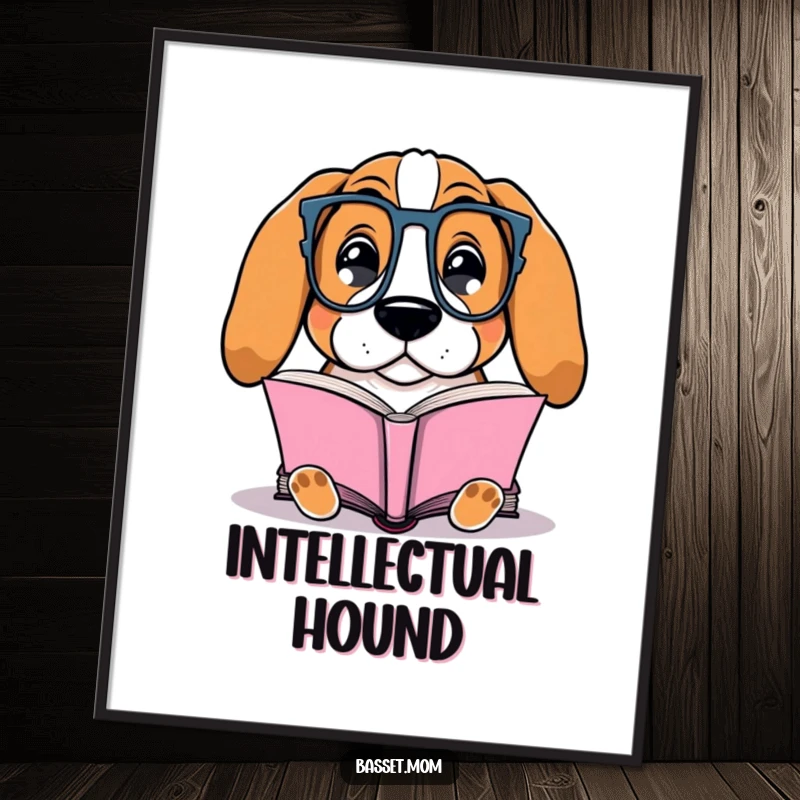 Funny Basset Hound digital art print of a dog with glasses contentedly reading a book, embodying studious charm and gentle humor.