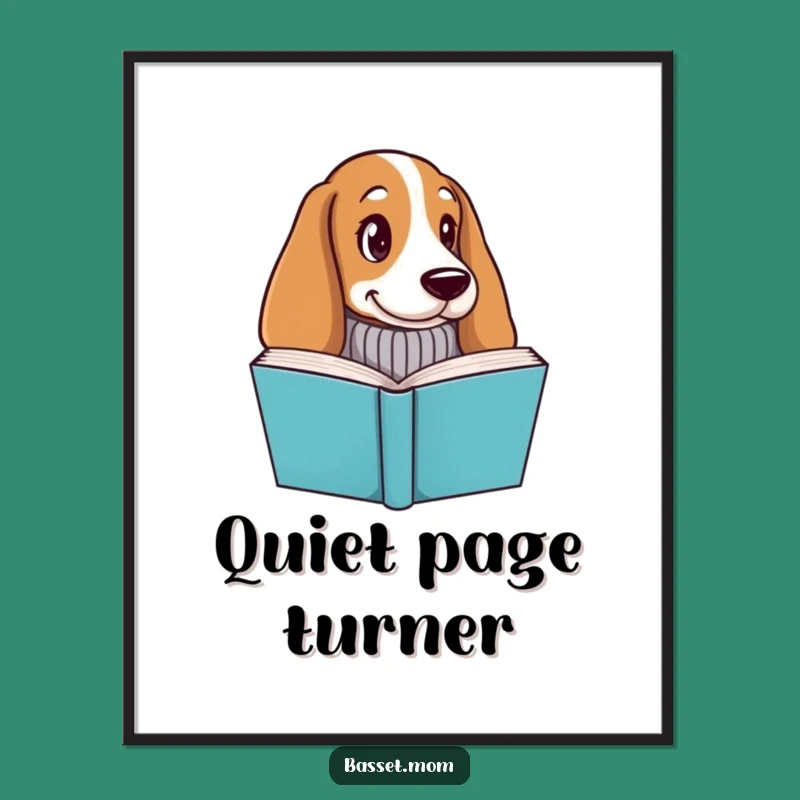 Funny Basset Hound Bookworm Digital Print - Printable Dog Art Gift with Knitted Sweater