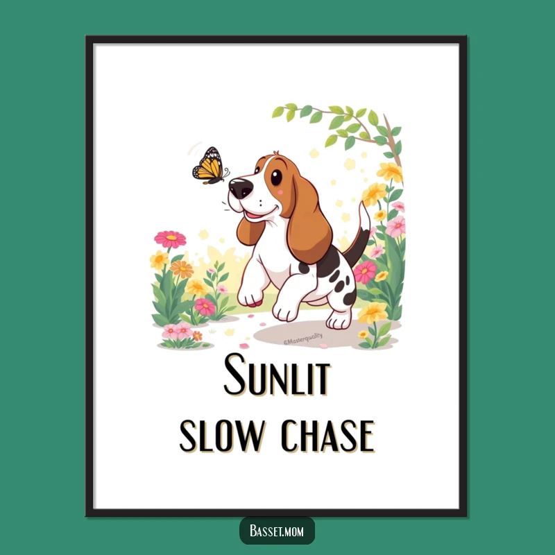 Funny Basset Hound Butterfly Garden Digital Art: Instant Humorous Decor Gift