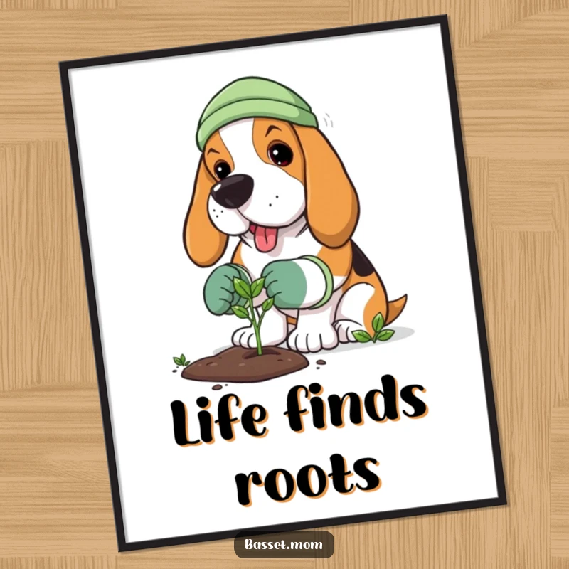 Funny Basset Hound digital art print of a dog gardener planting a sprout, ideal for instant humorous wall decor.