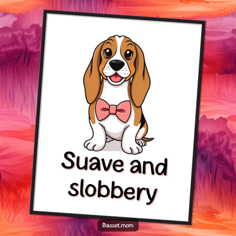 Funny Basset Hound digital art print, showing a dog wearing a tiny bowtie and posing proudly, elegant and humorous wall art.