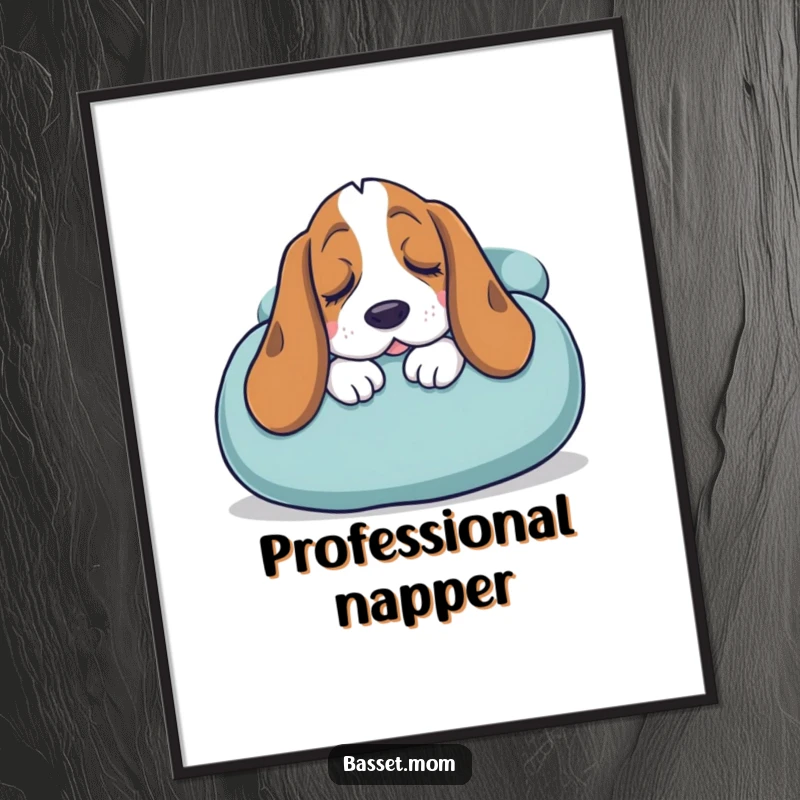 Funny Basset Hound digital art print of a sleepy dog snuggling into a giant cushion, offering instant cozy and humorous decor.