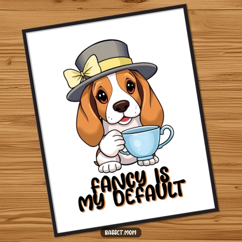 Funny Basset Hound wearing a fancy hat and holding a teacup, looking refined, as a digital art print.