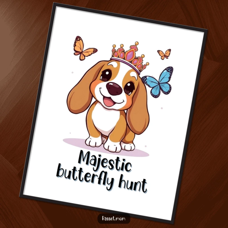 Funny Basset Hound digital art print of a tiara-wearing dog joyfully chasing a butterfly, offering instant whimsical decor.