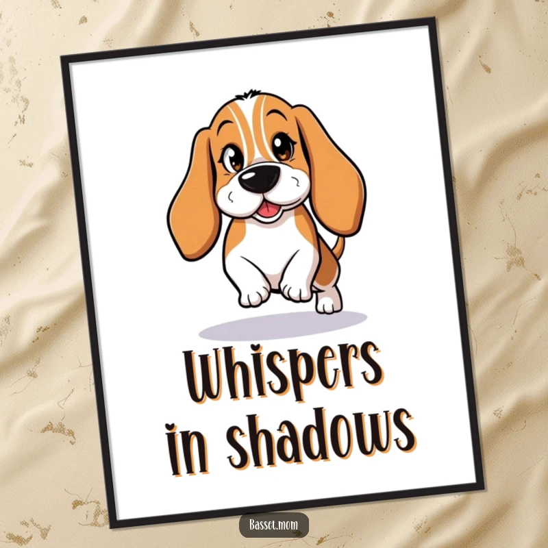 Funny Basset Hound Digital Art Print: A mischievous dog tiptoeing with a wink, for instant decor.