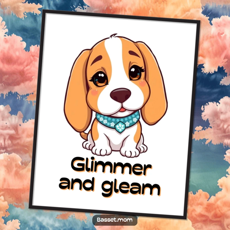 Funny Basset Hound digital art print of a dog with a sparkly collar, charmingly winking, ideal for instant humorous wall decor.