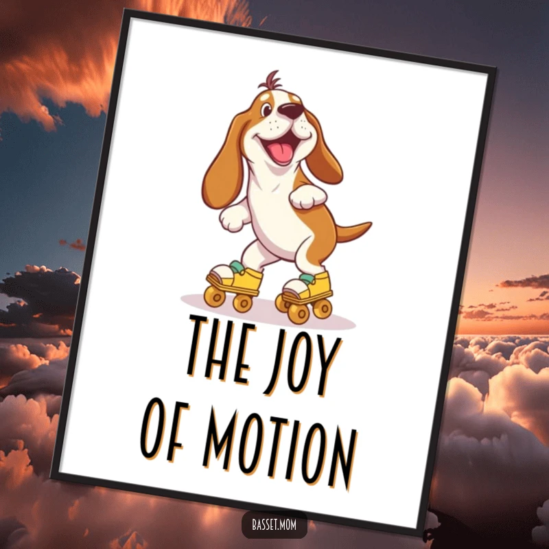 Funny Basset Hound joyfully wobbling on roller skates, captured in a high-quality digital art print for vibrant, humorous decor.