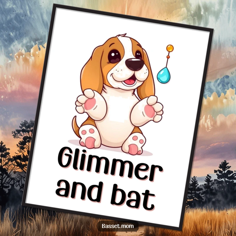 Funny Basset Hound digital art print of a dog playfully batting at a dangling jewel, ready to download and add whimsical charm.